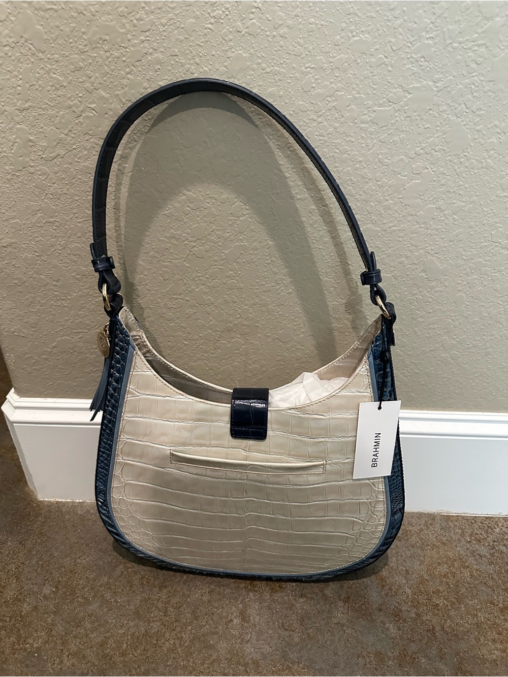 Brahmin Cream and Navy Croc-Embossed Shoulder Bag